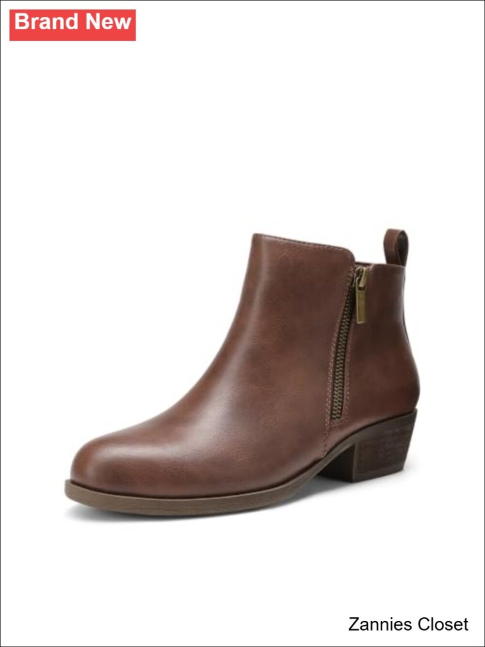 ✨ Low Chunky Heel Ankle Boots Faux Leather Dual Zipper Booties